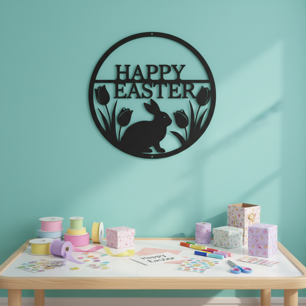 Rundes Osterhase Metallschild mit Tulpen und Happy Easter aus schwarzem Stahl – Bild 8