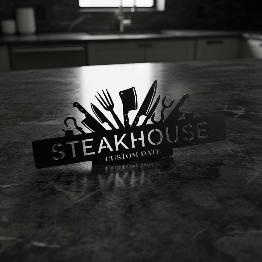 Personalisiertes Steakhouse BBQ Schild mit Messern und Hackbeil – Bild 5