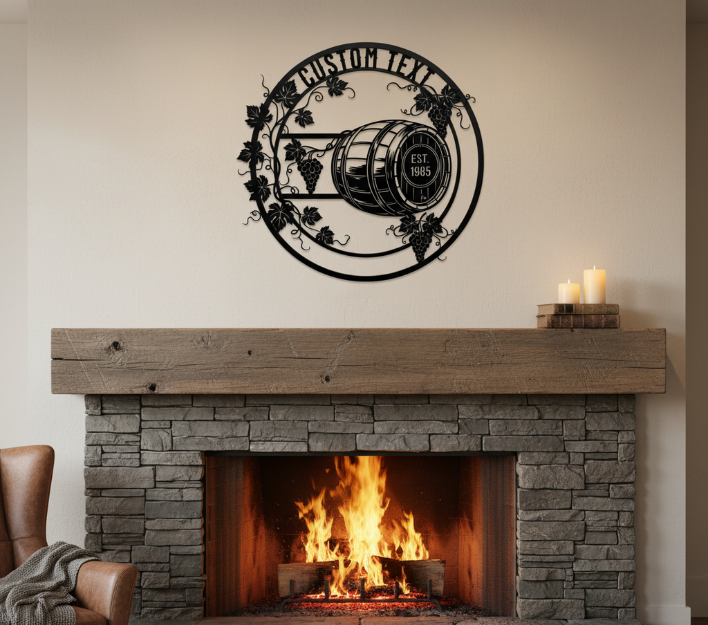 Personalized round wine barrel metal sign with grapevines, name and year – image 8