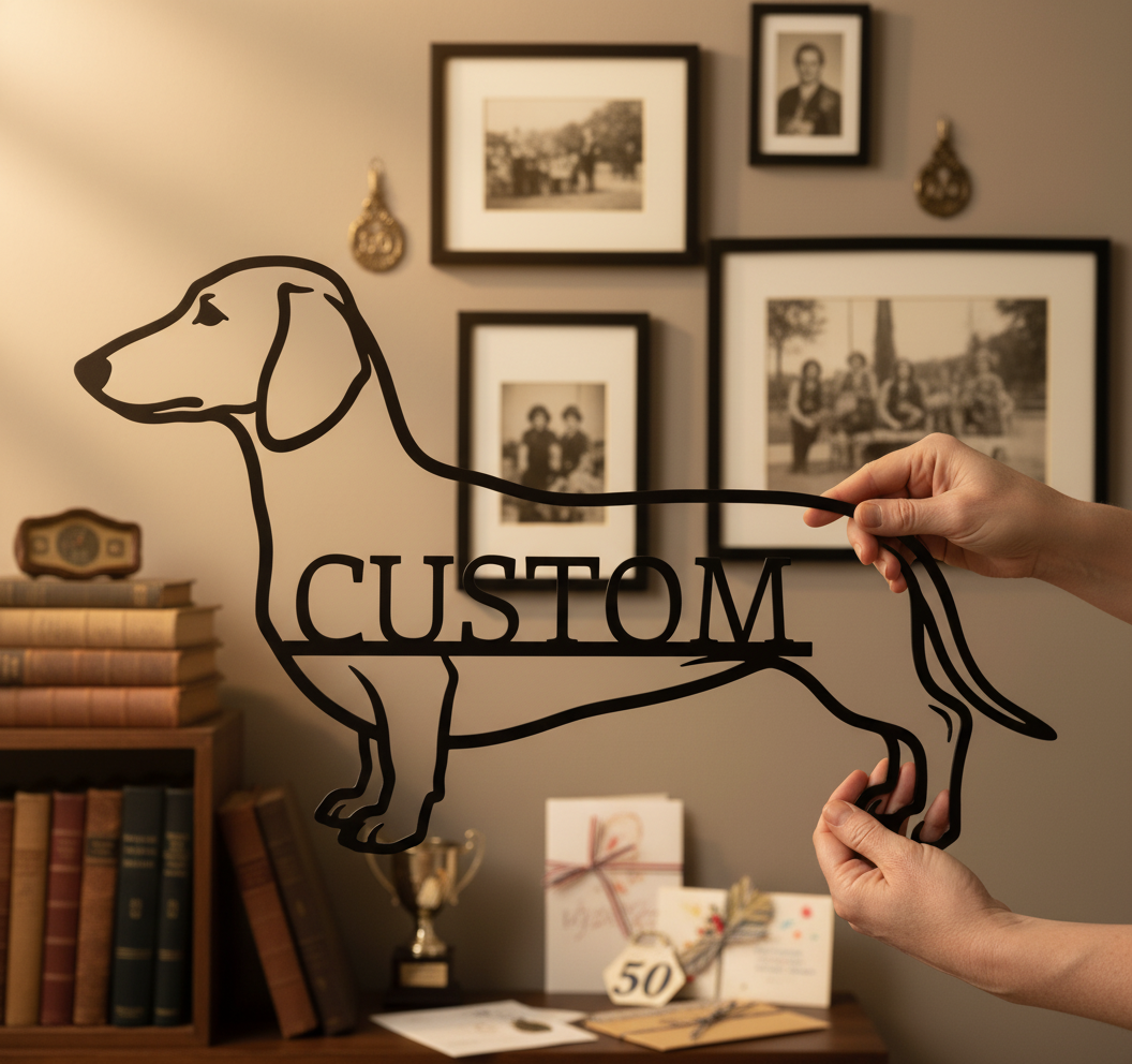 Personalized Dachshund metal sign with dog name in black steel – image 4