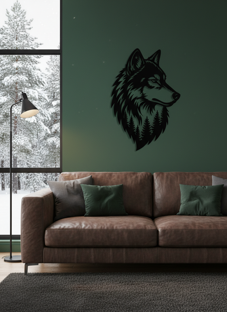 Wolf head metal wall art with forest and trees in black steel – image 9