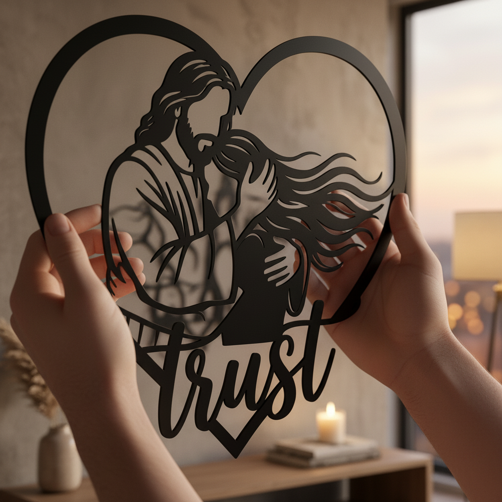 Personalisiertes Herz Metallschild „Trust in Jesus“ mit Namen aus Stahl – Bild 6