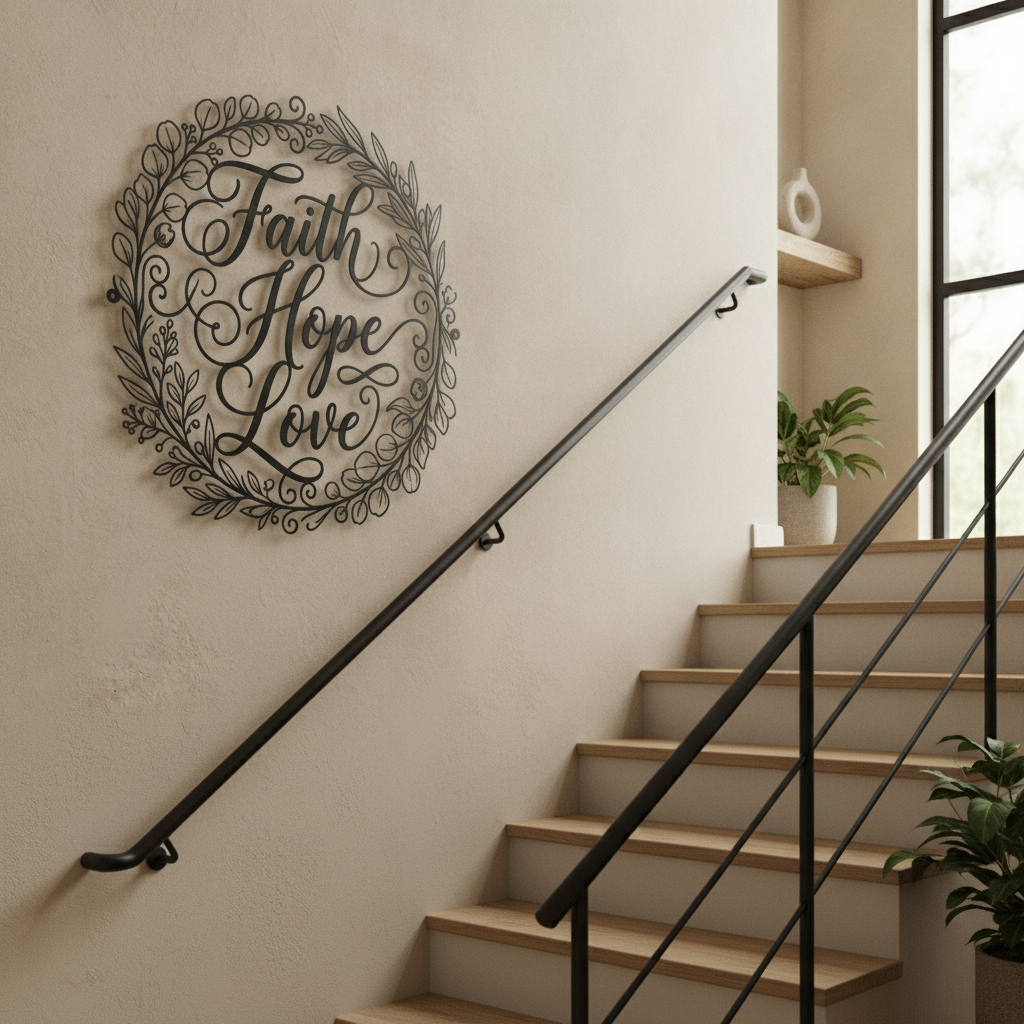 Round Faith Hope Love metal sign with delicate wreath in black steel – image 5