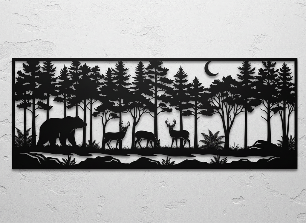 Waldtiere Wanddeko aus Metall mit Bär, Hirsch und Wolf aus schwarzem Stahl