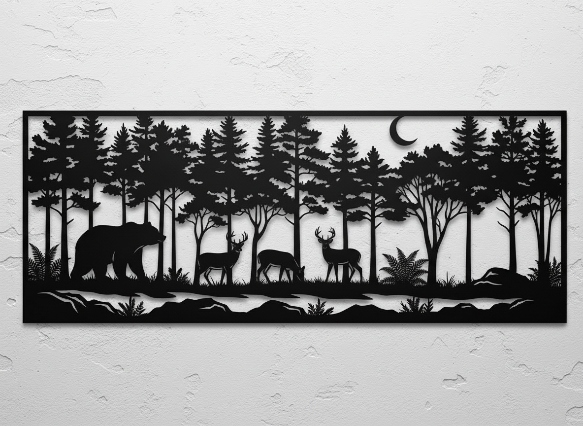 Waldtiere Wanddeko aus Metall mit Bär, Hirsch und Wolf aus schwarzem Stahl
