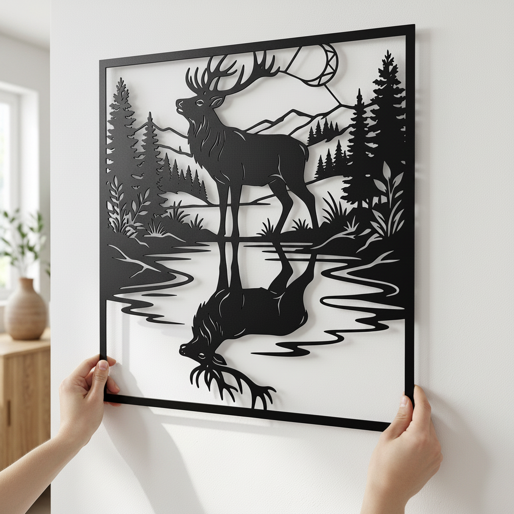 Hirsch mit Spiegelbild im See vor Bergen und Tannenwald, quadratisches Metallschild – Bild 5