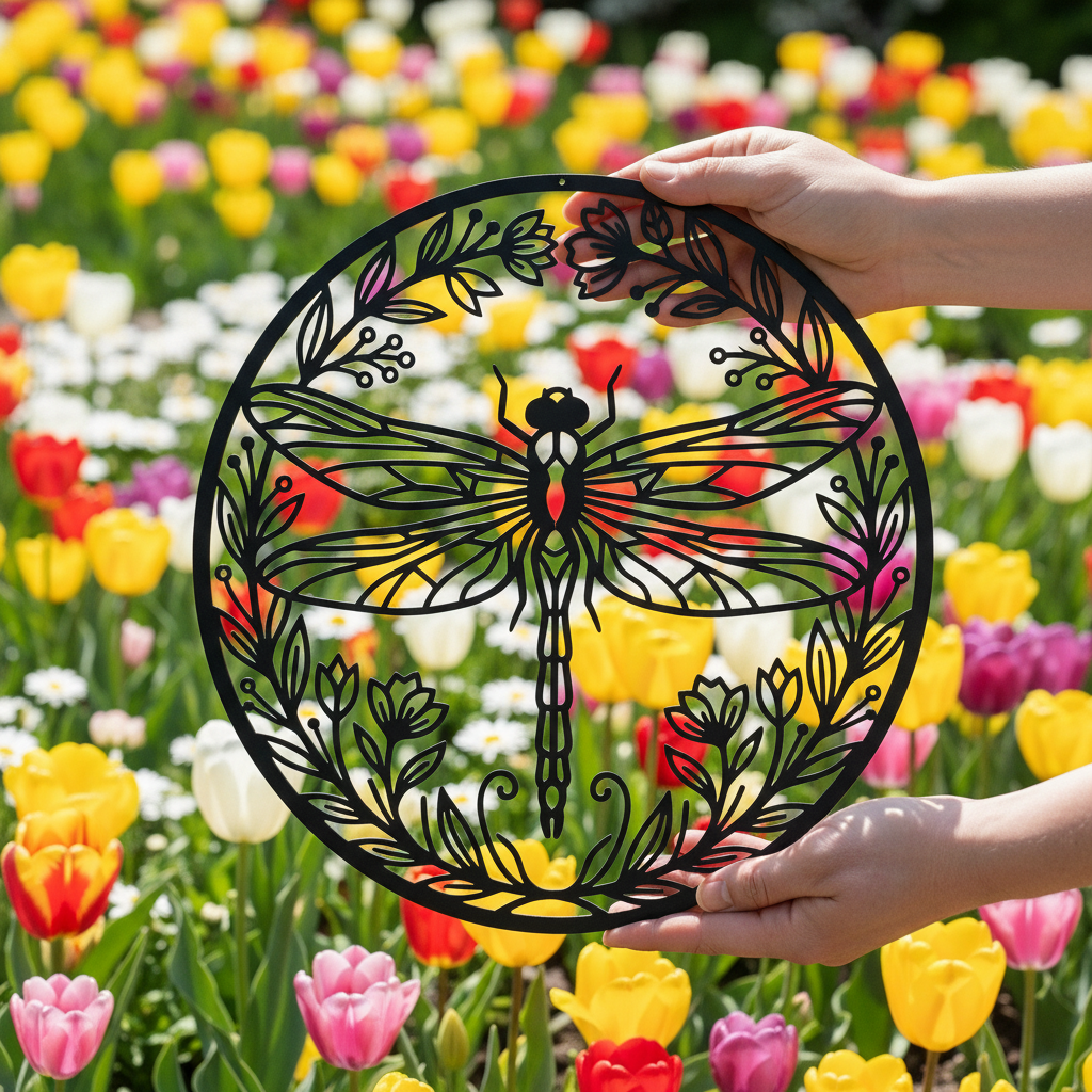Rundes Libelle Metallschild im Blumenkranz aus schwarzem Stahl – Bild 4