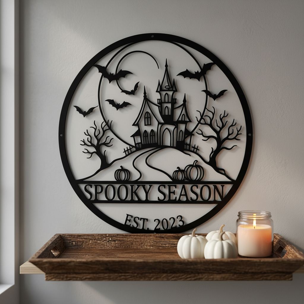 Personalisiertes Halloween Schild mit Spukhaus und Spooky Season aus schwarzem Stahl – Bild 3