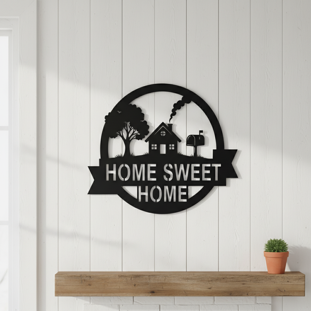 Round Home Sweet Home metal sign with house and mailbox in black steel – image 5