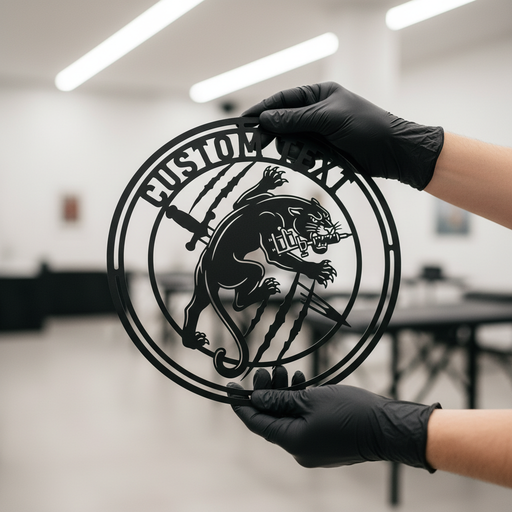 Personalized round tattoo studio sign with panther, tattoo machine and dagger in steel – image 6