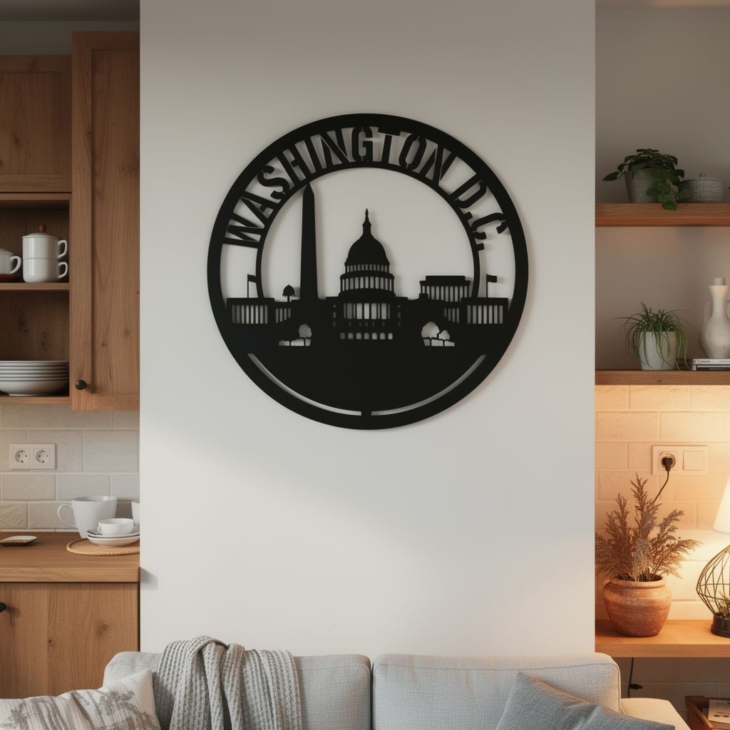 Round Washington D.C. skyline metal sign with Capitol and monuments in black steel – image 10