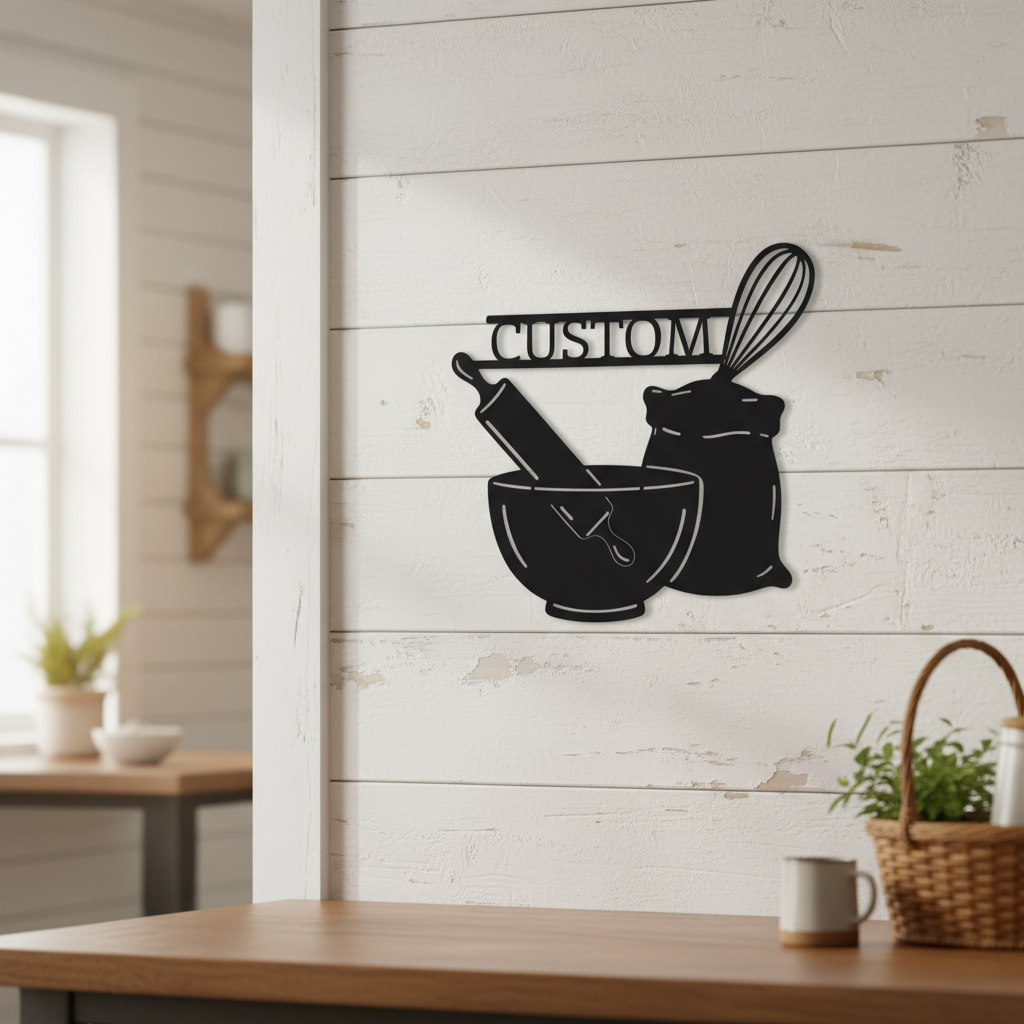 Personalized baking kitchen sign with mixing bowl, whisk and flour in black steel – image 7