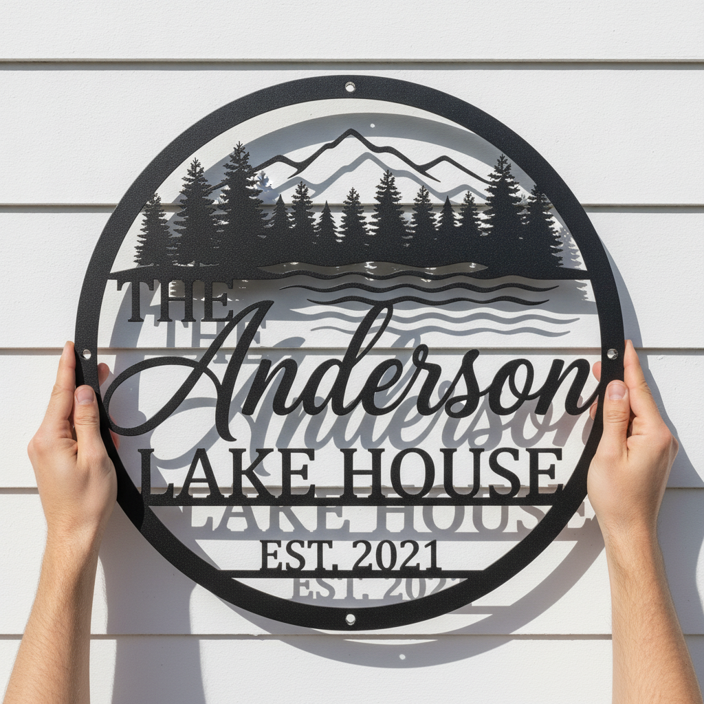 Personalized round lake house sign with mountains and pine trees in black steel – image 4