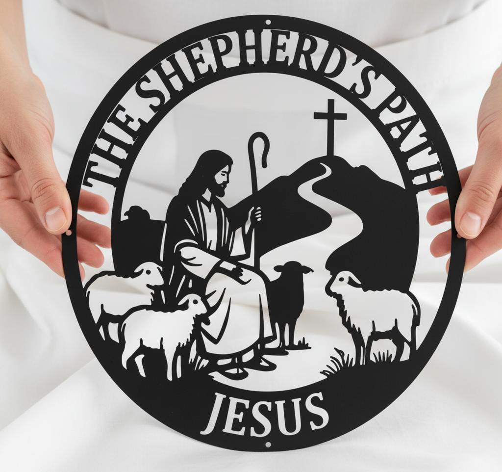 Rundes Metallschild Jesus der gute Hirte mit Lämmern und Kreuz aus schwarzem Stahl – Bild 5