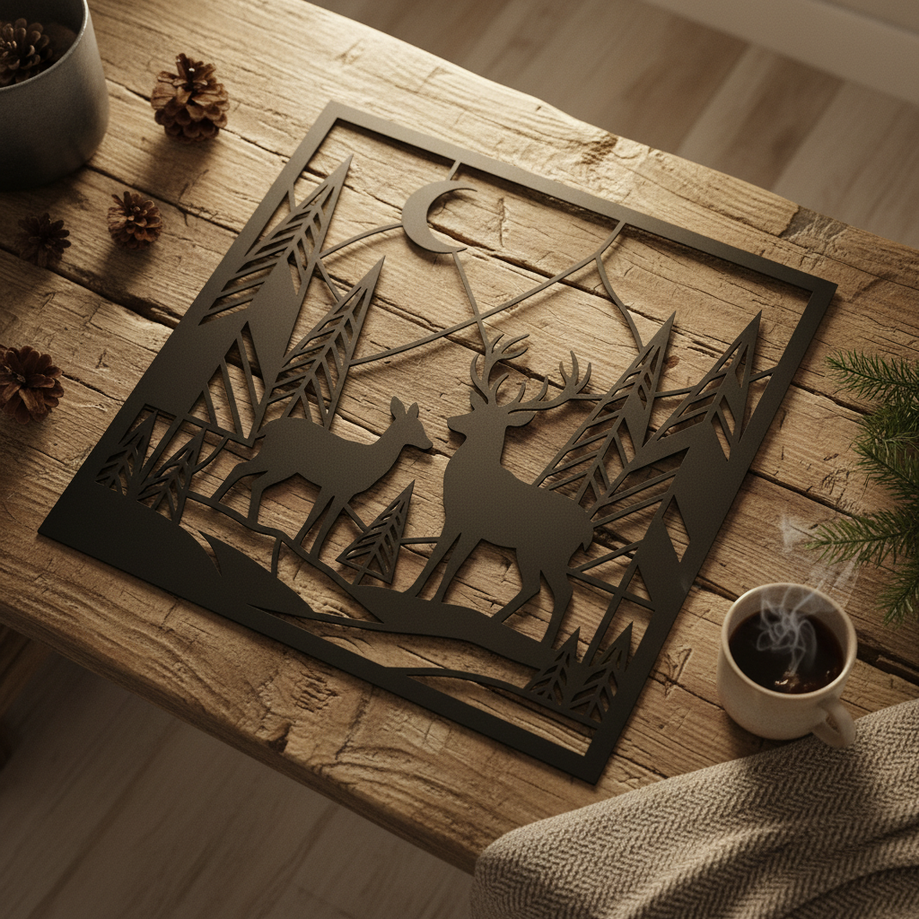 Personalized deer family name sign with forest and mountains in black steel – image 8