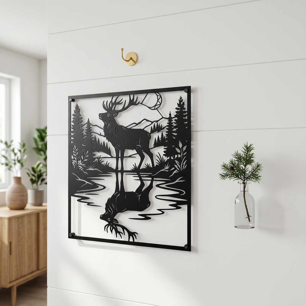 Hirsch mit Spiegelbild im See vor Bergen und Tannenwald, quadratisches Metallschild – Bild 2