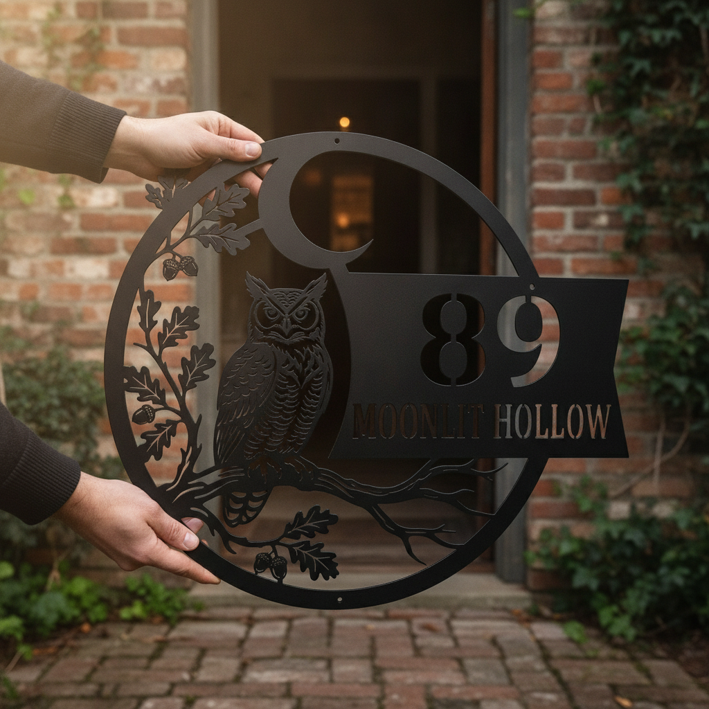 Personalized owl house number sign with crescent moon in black steel – image 3