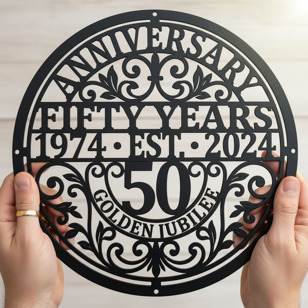 Personalisiertes Goldene Hochzeit Metallschild rund zum 50. Hochzeitstag – Bild 1