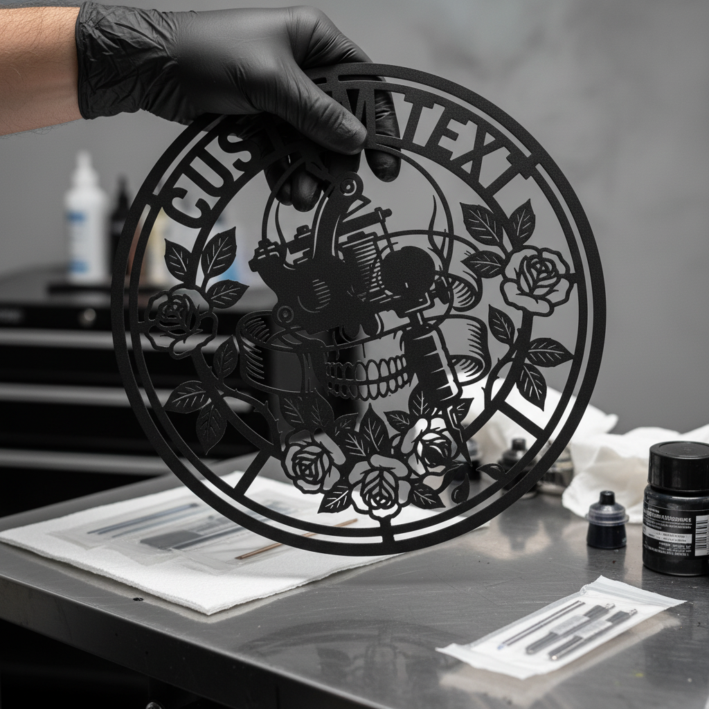 Personalisiertes rundes Tattoostudio Schild mit Totenkopf, Rose und Tattoomaschine – Bild 9