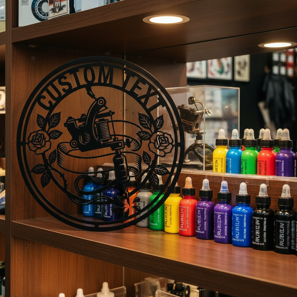 Personalisiertes rundes Tattoostudio Schild mit Tattoomaschine und Rose aus schwarzem Stahl – Bild 10