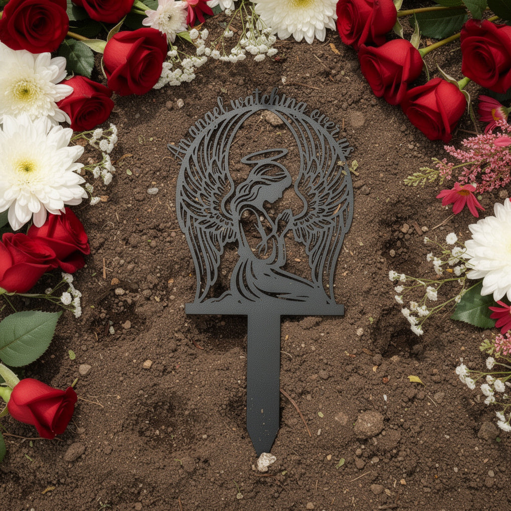 Guardian angel memorial stake with spread wings, An Angel Watching Over Us, black steel – image 10