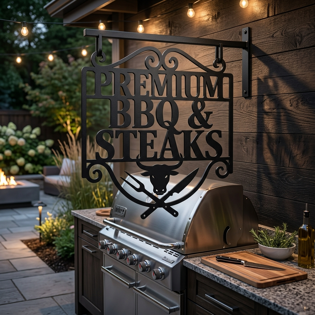 Personalized BBQ metal sign with bull head and name in black steel