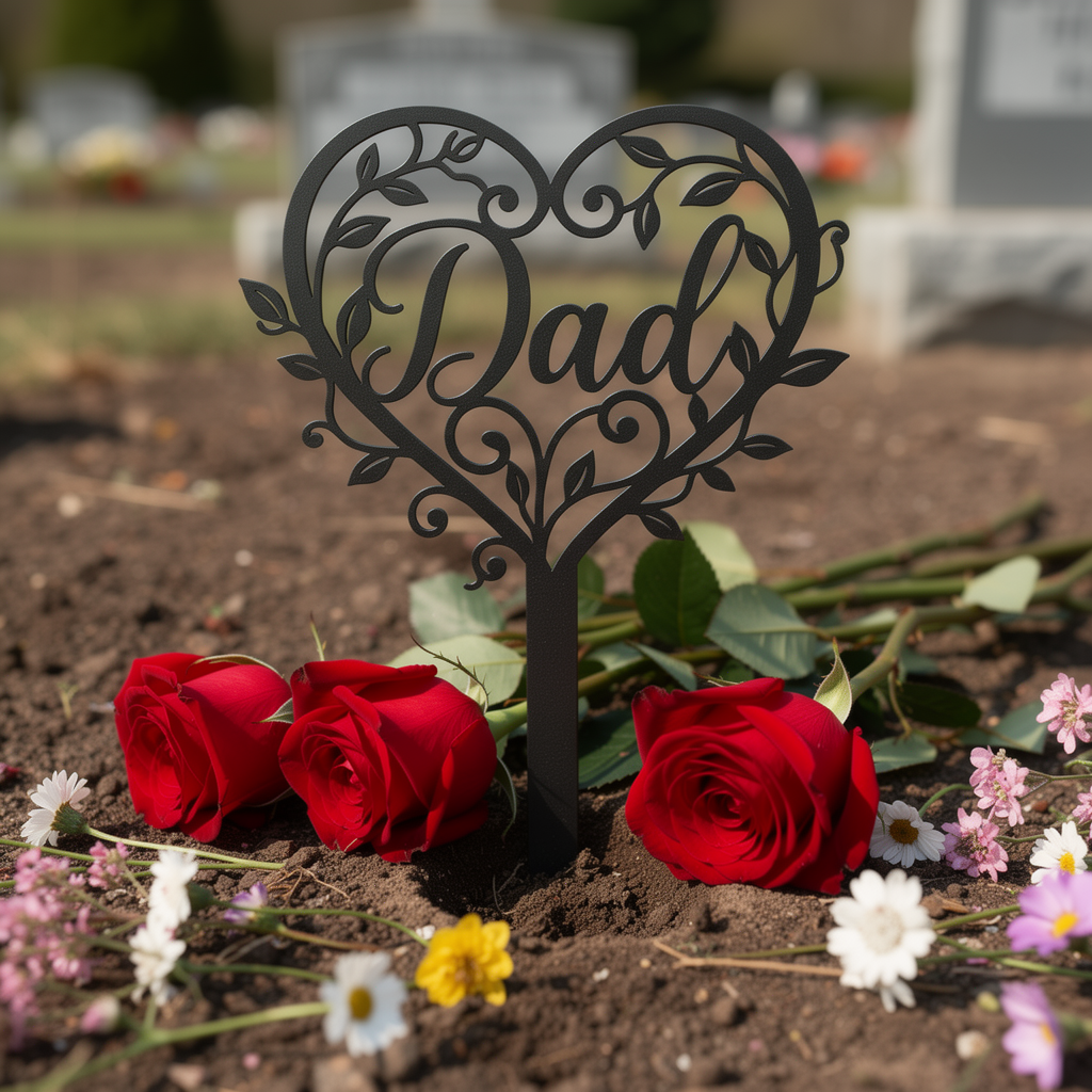 Gedenkstecker „Dad“ mit Blumenherz aus schwarzem Stahl – Bild 8