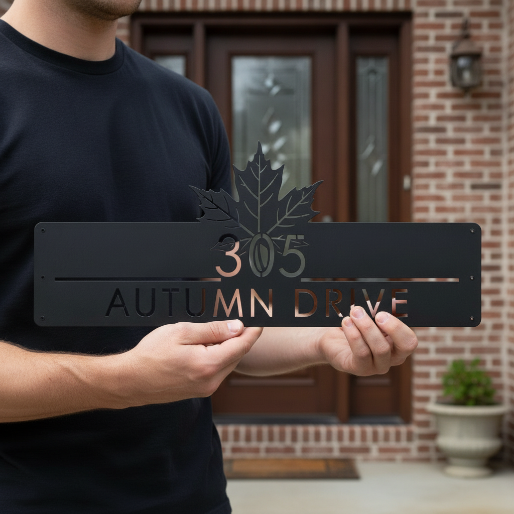Personalisiertes Adressschild in Ahornblatt-Form mit Hausnummer aus schwarzem Stahl – Bild 3