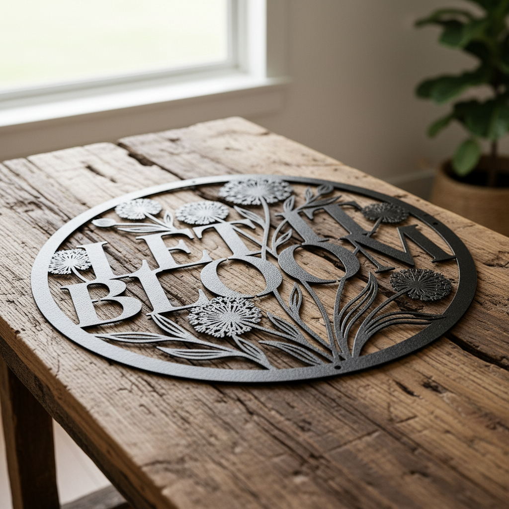 Personalized round dandelion metal sign with Let it Bloom and name in steel – image 6