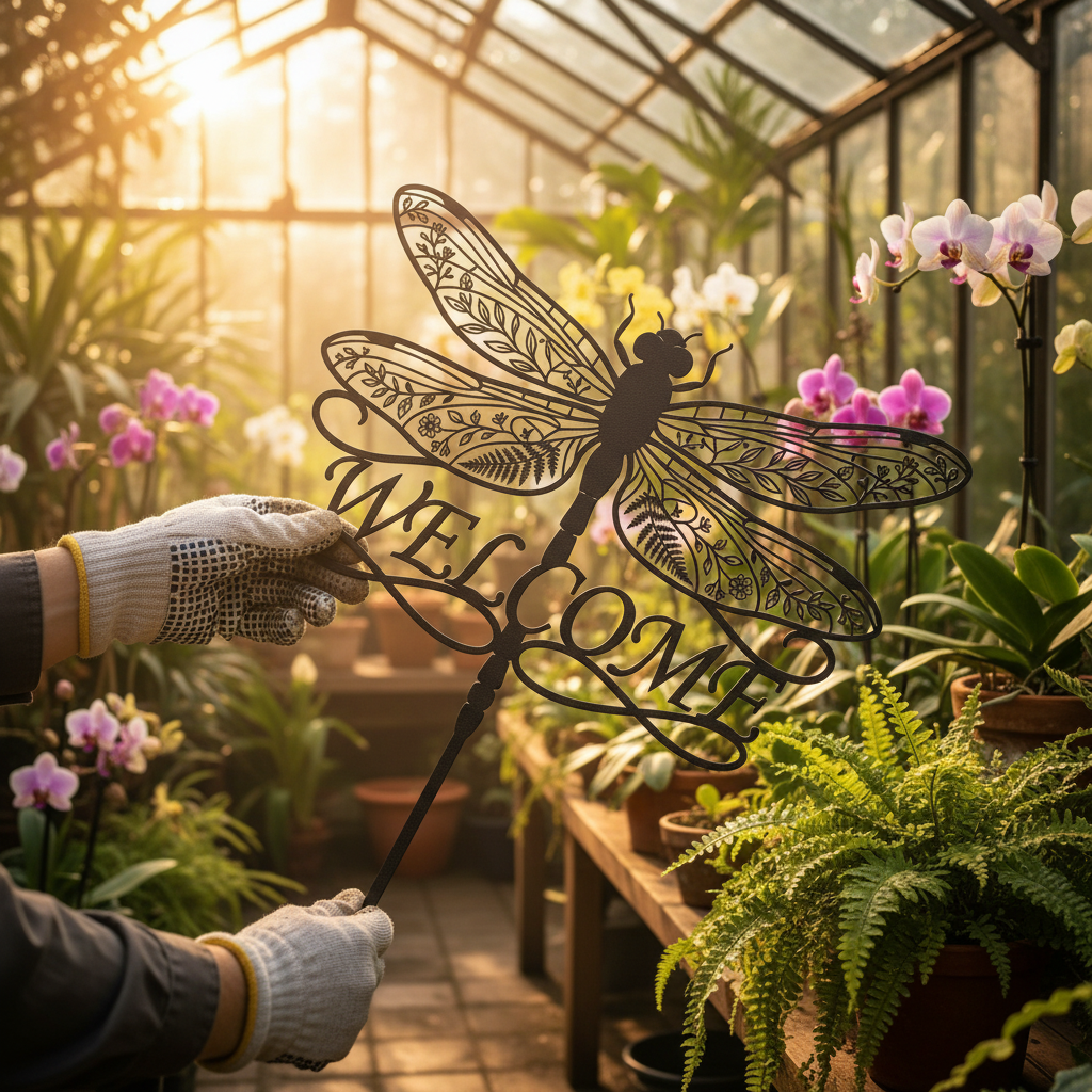 Gartenstecker Libelle mit Blumenflügeln und Welcome aus schwarzem Stahl – Bild 9