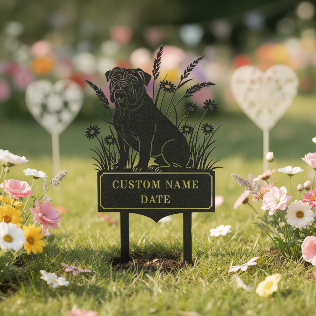 Personalized English Bulldog memorial garden stake with name and dates in black steel – image 6