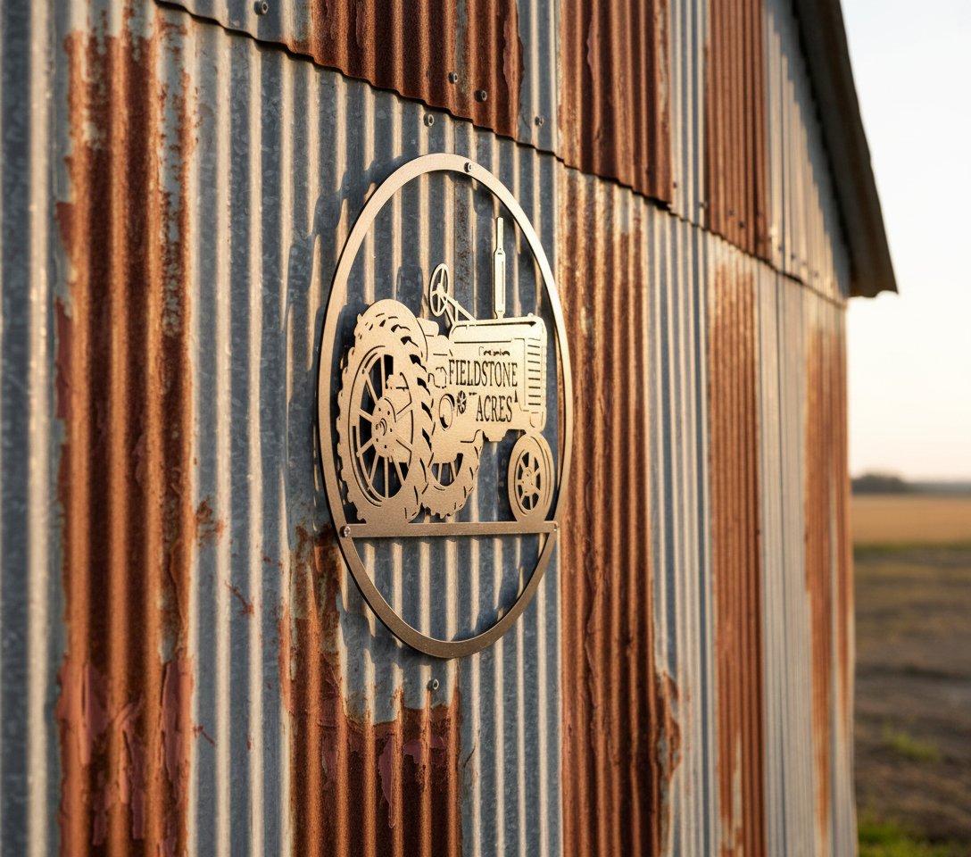 Personalisiertes rundes Hofschild mit Traktor und Hofname aus schwarzem Stahl – Bild 3