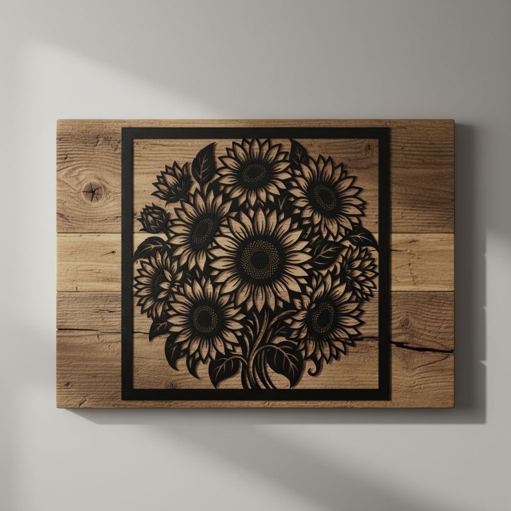 Quadratische Sonnenblumen Wanddeko aus Metall mit Sonnenblumenstrauß aus schwarzem Stahl – Bild 8