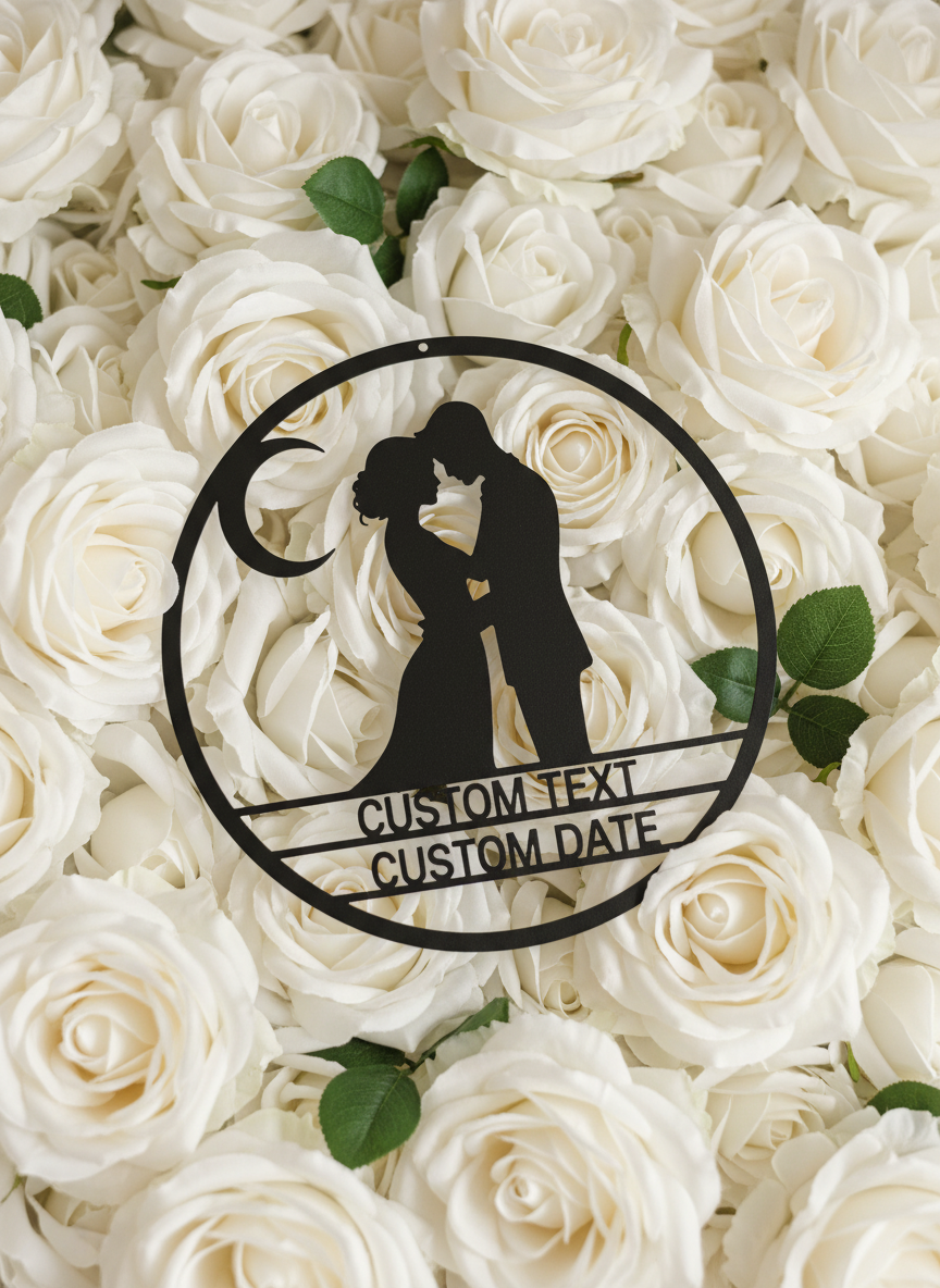 Personalized round metal sign with couple on crescent moon and stars – image 8