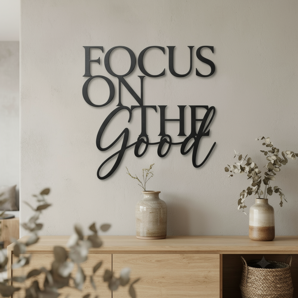 Focus on the good metal word sign in black steel as inspirational wall art – image 8