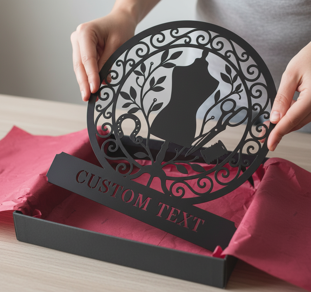 Personalized round sewing room metal sign with dress form, scissors, thread and name – image 8