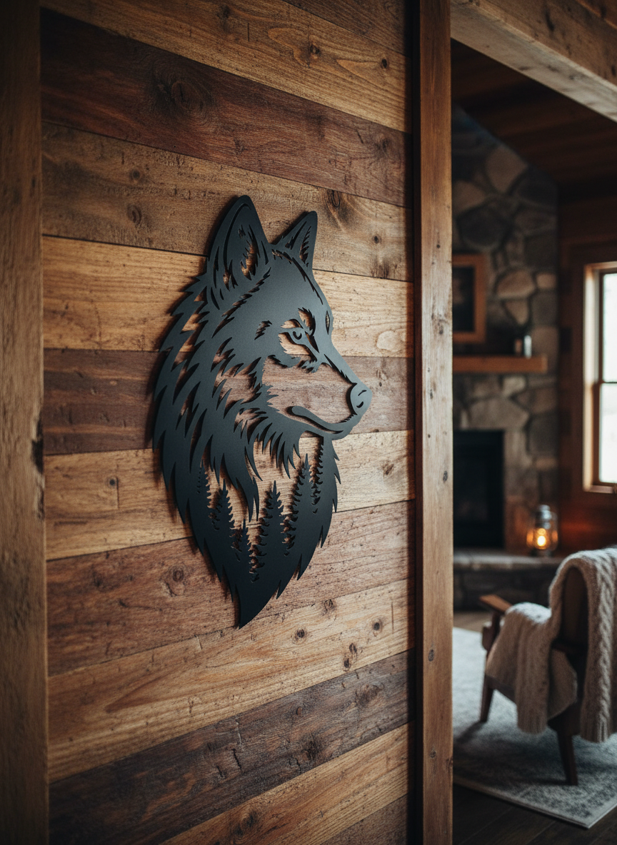 Wolf head metal wall art with forest and trees in black steel – image 8