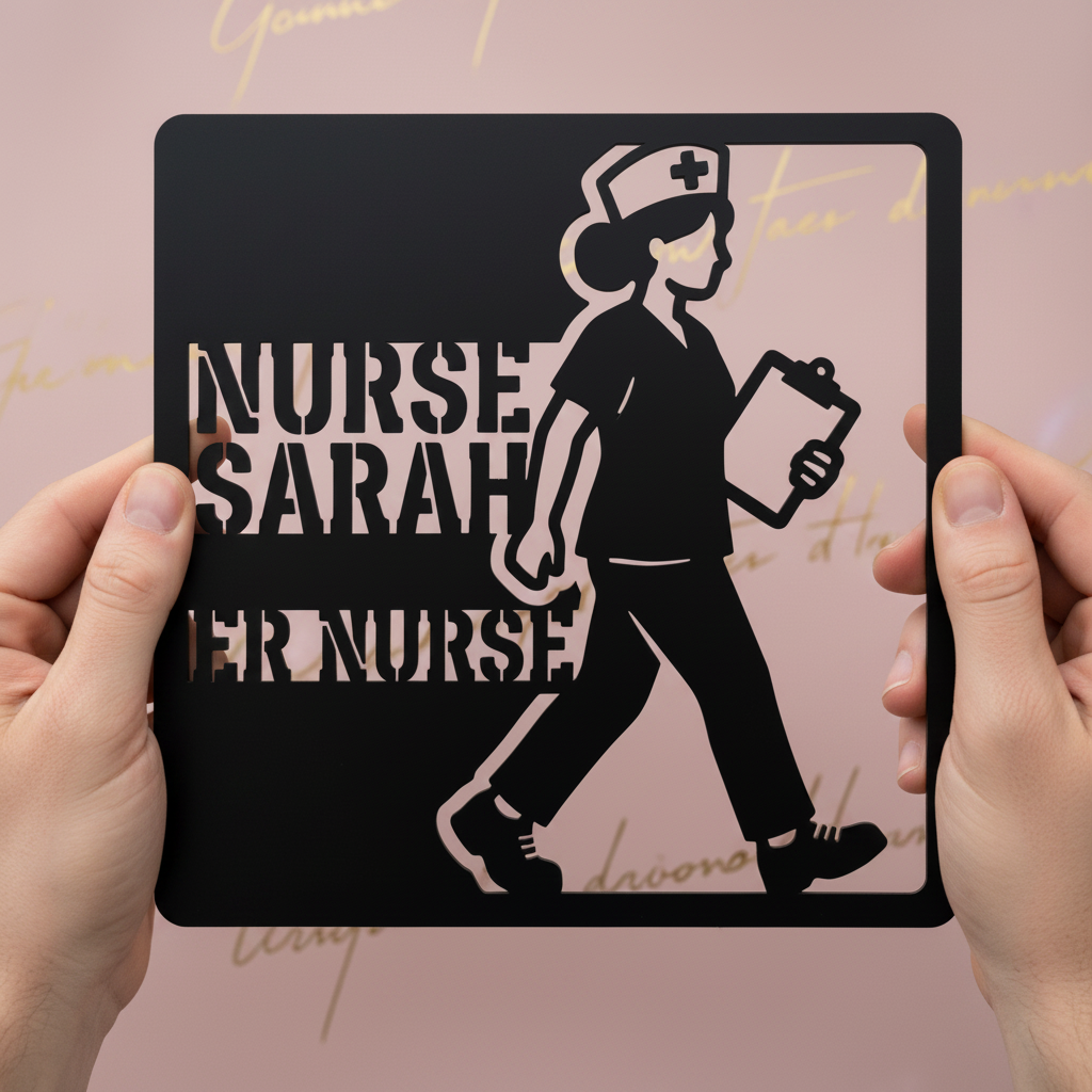 Personalized square nurse metal sign with clipboard, stethoscope and name in black steel – image 9