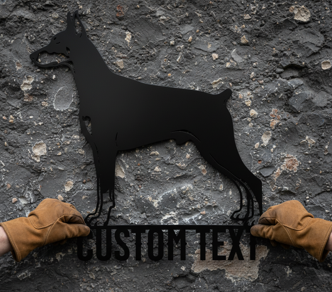 Personalisiertes Dobermann Metallschild mit stehendem Hund und Namen aus Stahl – Bild 6