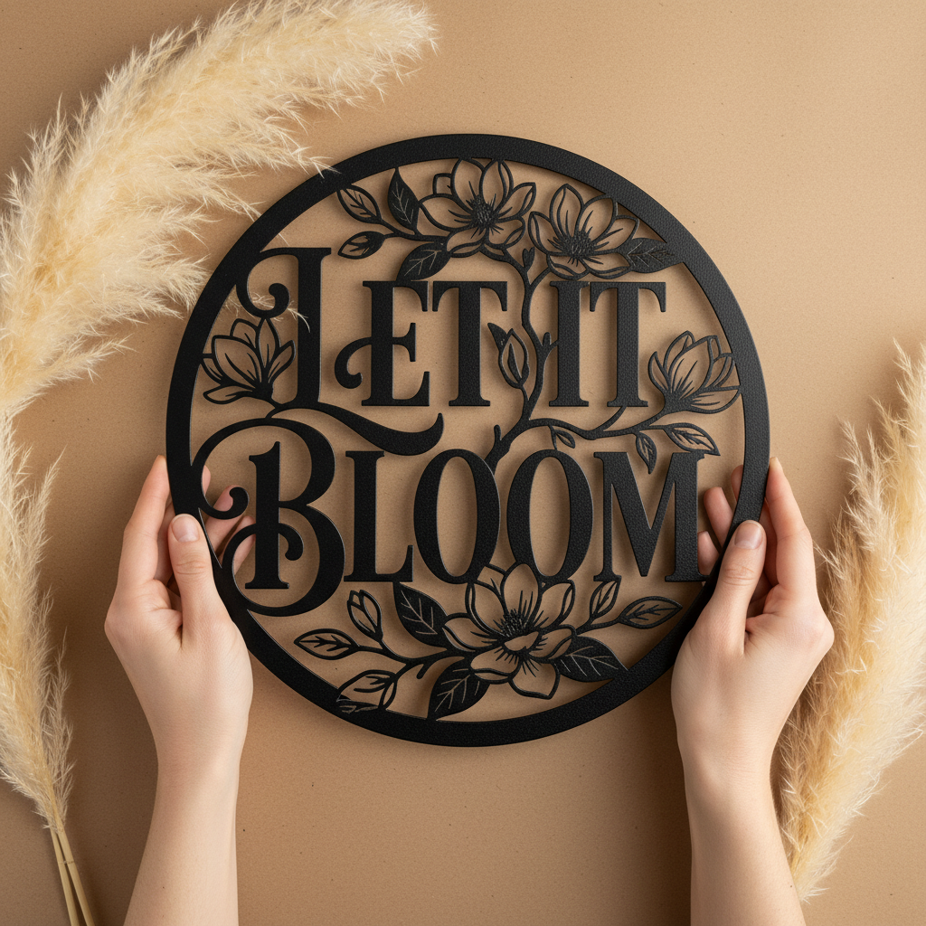 Personalisiertes rundes Gartenschild Let it Bloom mit Blumenkranz und Namen – Bild 7