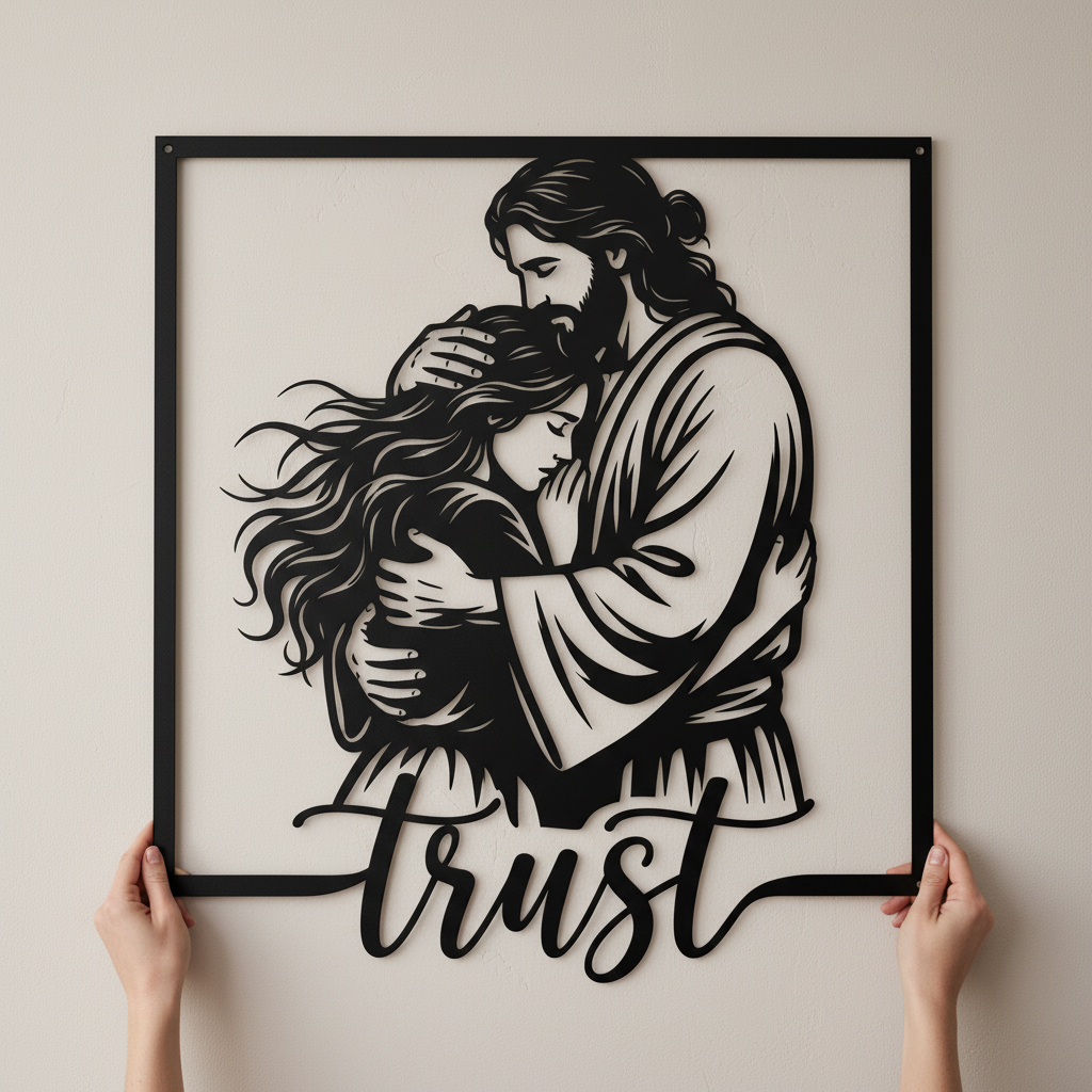Personalized Jesus embrace metal sign with Trust in Jesus in black steel – image 9
