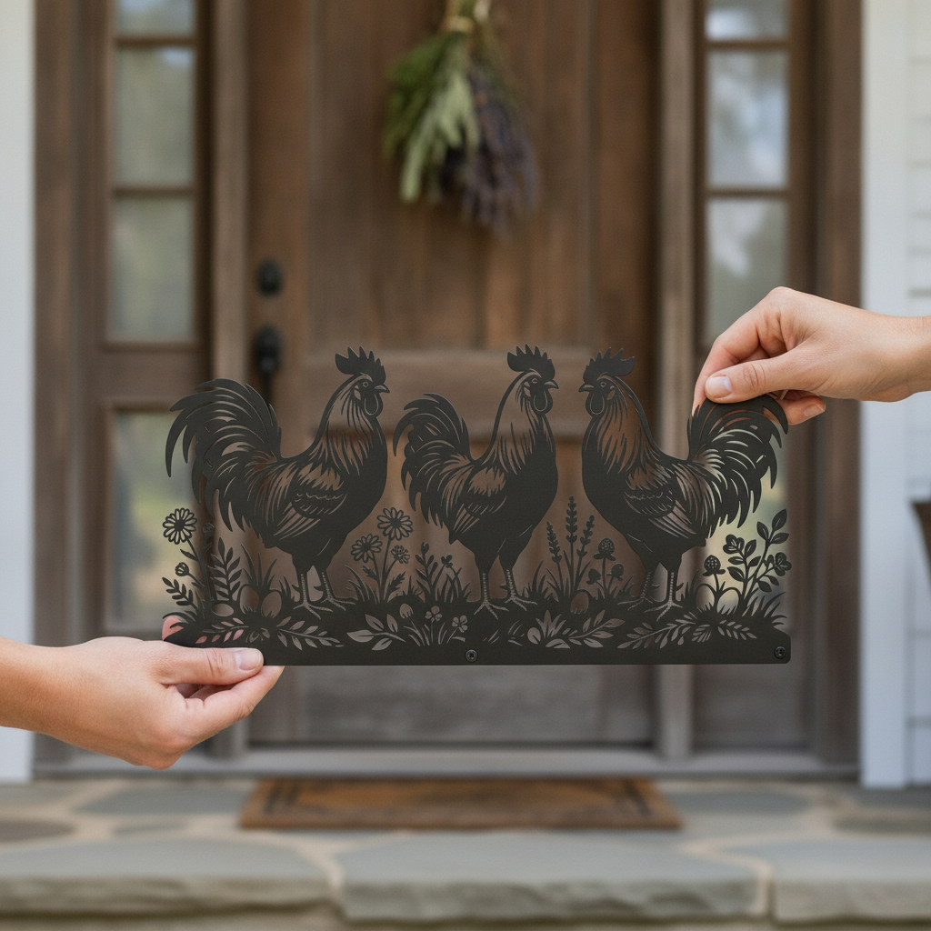 Personalized rooster farmhouse metal sign with farm name in black steel – image 6