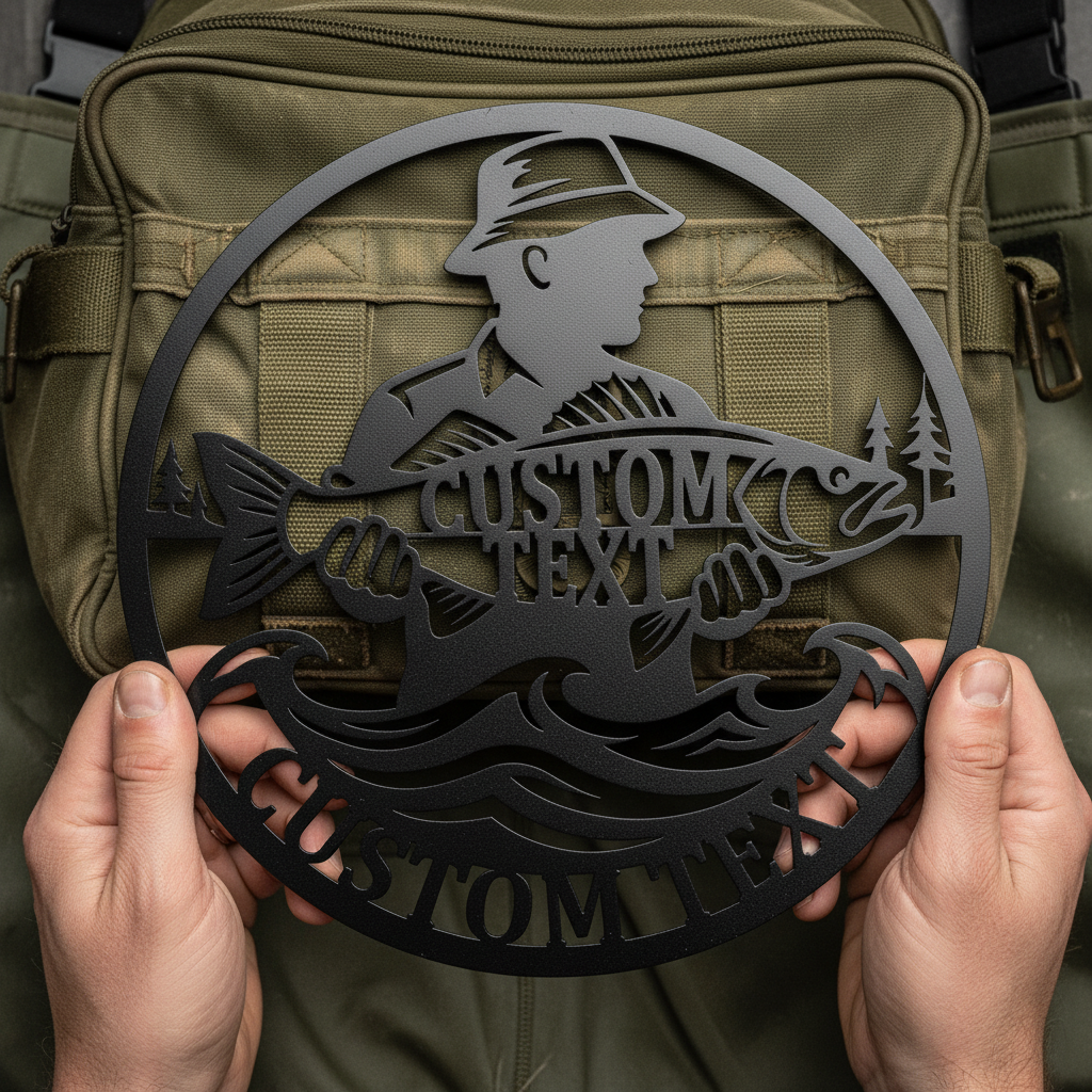 Personalisiertes Angler Metallschild mit Angelmotiv und Namen aus schwarzem Stahl – Bild 8