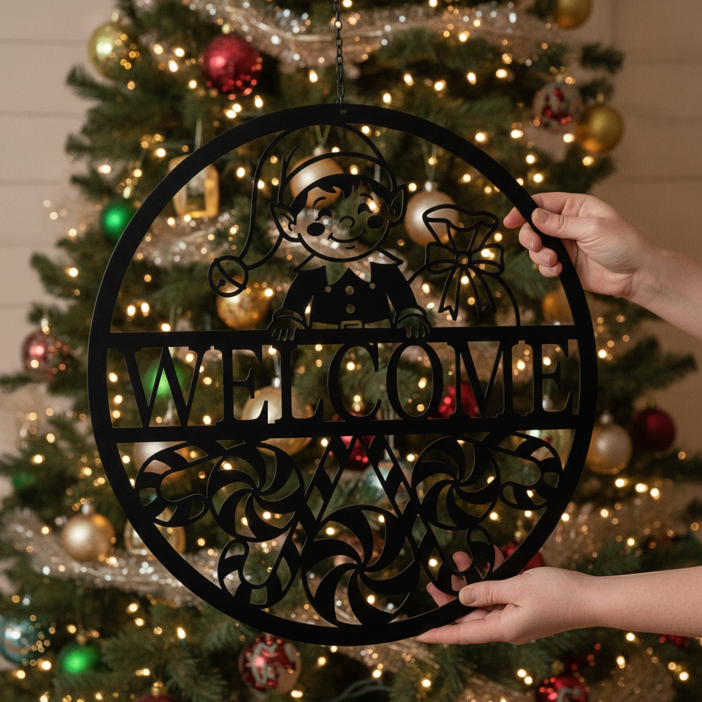 Weihnachtself Willkommensschild Metall