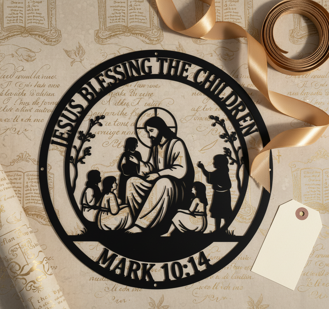 Jesus segnet die Kinder Markus 10,14 Metallschild rund – Bild 5