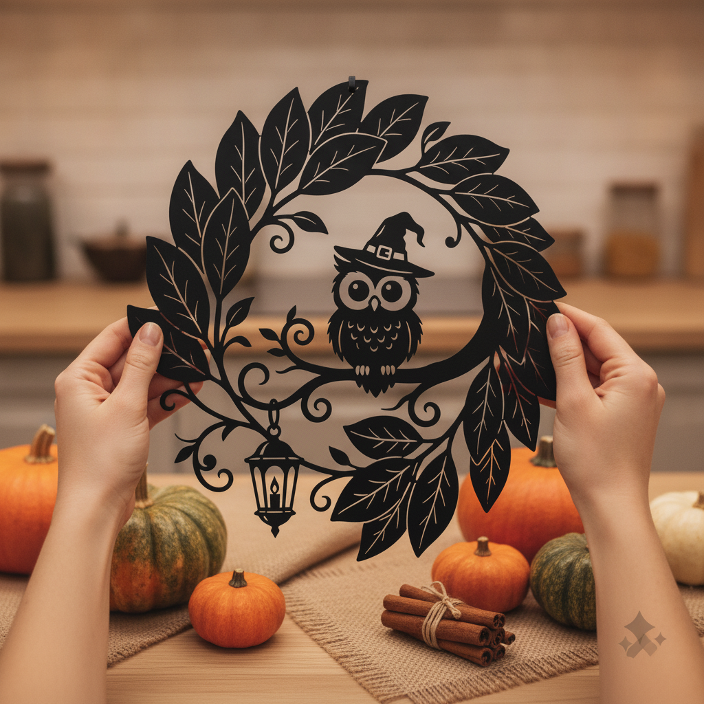 Round Halloween witch and owl metal sign with lantern and leaf wreath – image 3