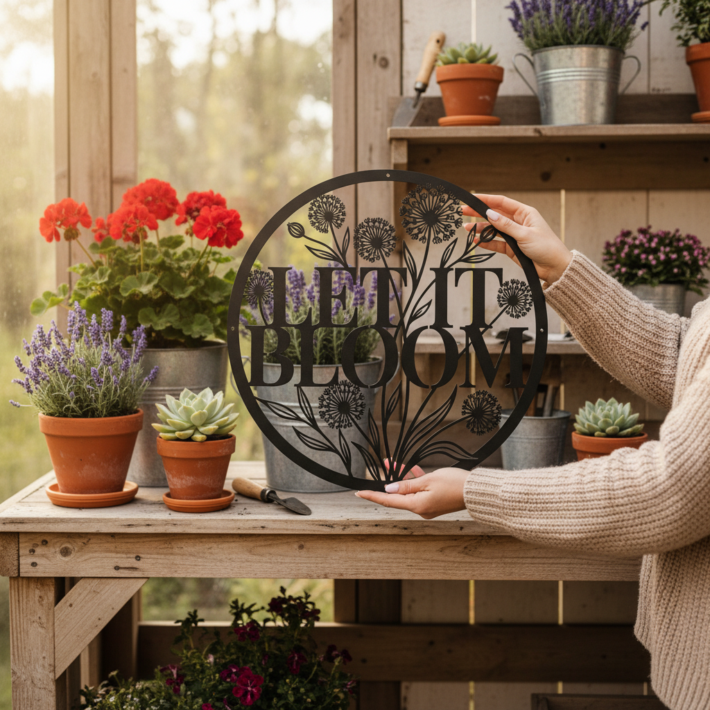 Personalized round dandelion metal sign with Let it Bloom and name in steel – image 5