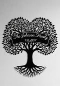 Personalisiertes Stammbaum-Metallschild mit Wurzeln, Banner, Familiennamen und Jahr