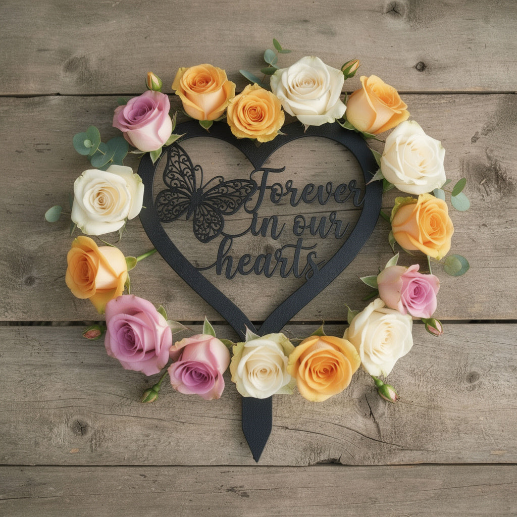 Forever in our hearts memorial stake with heart and butterfly in black steel – image 7