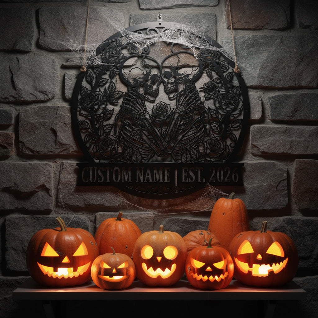 Personalisiertes Skelett-Paar Halloween Metallschild – Bild 1